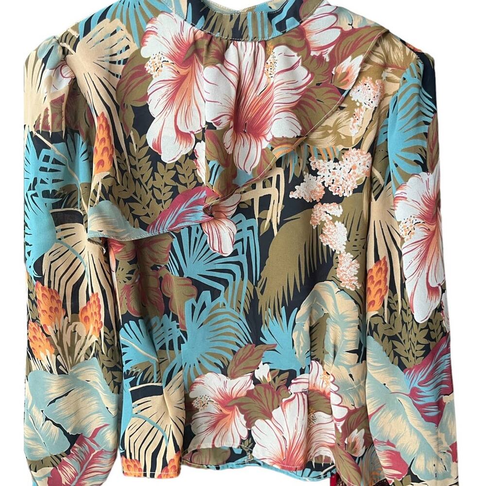 Vintage 70s Tickets Tiki Tropical Floral Ruffles Secretary Geek Blouse Small Med